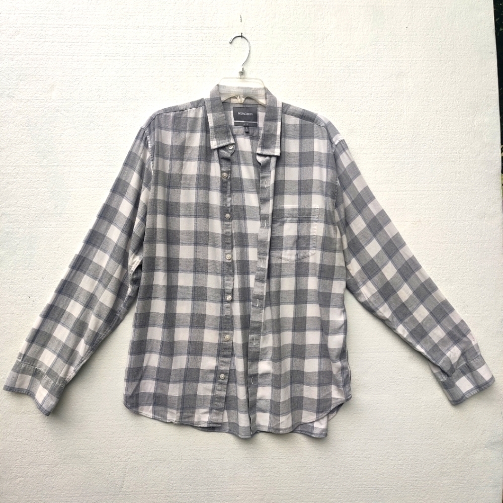 Bonobos Eynort Plaid Shirt Size XL Slim Fit, Gray and White.